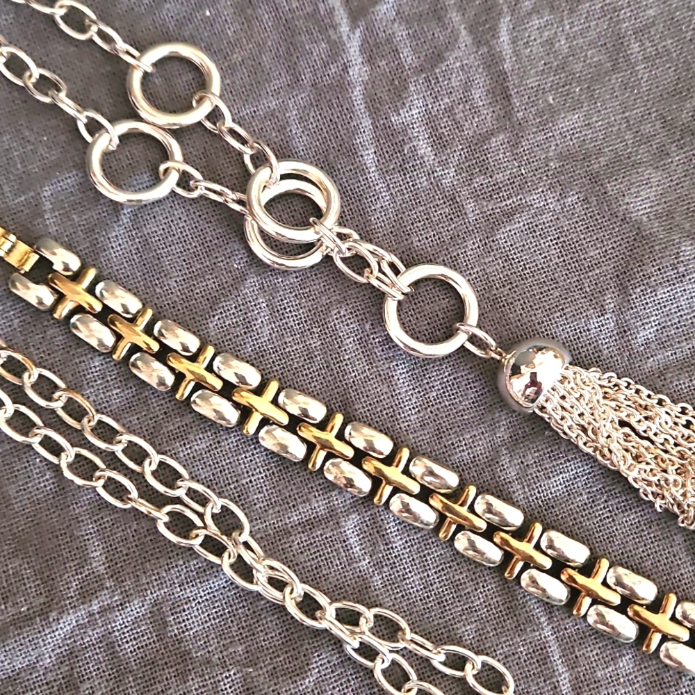 Liz Claiborne necklace & bracelet silver tassle gold accent EUC